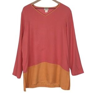 VTG NEIMAN MARCUS 90s Silk Tunic Top Sz XL (44") Coral Orange Colorblock V-Neck